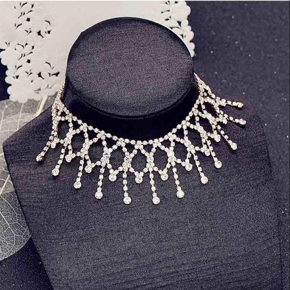 ʕ·ᴥ·ʔOlbye Shining Rhinestone Choker Necklace Gold Diamond - Picture 2 of 4